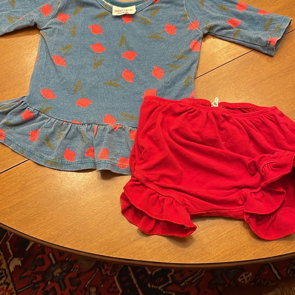 Blue Floral Baby Dress with Red Bloomers